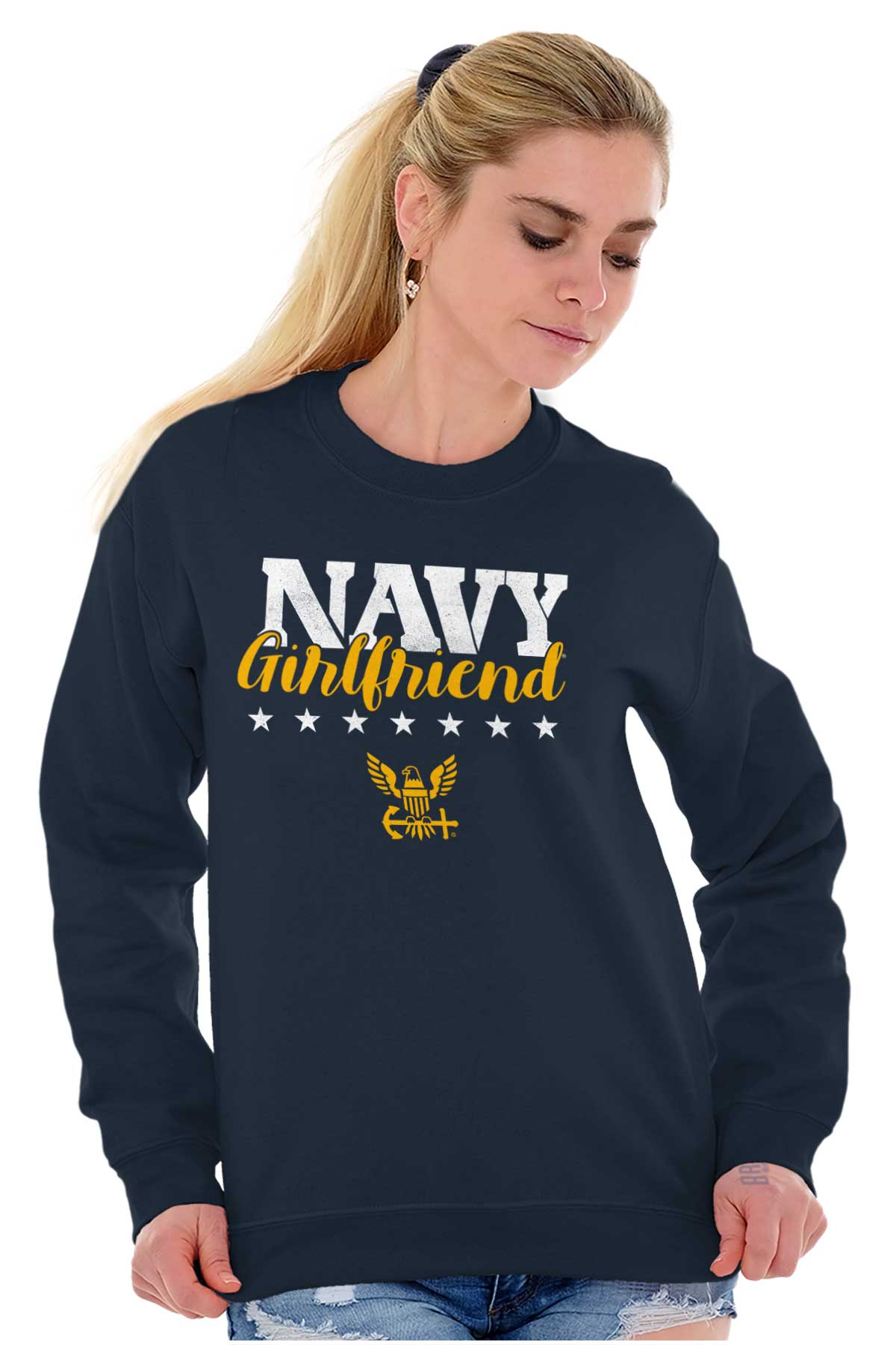 Navy Girlfriend Crewneck Sweatshirt-Direct To Garment Print-Brisco Apparel