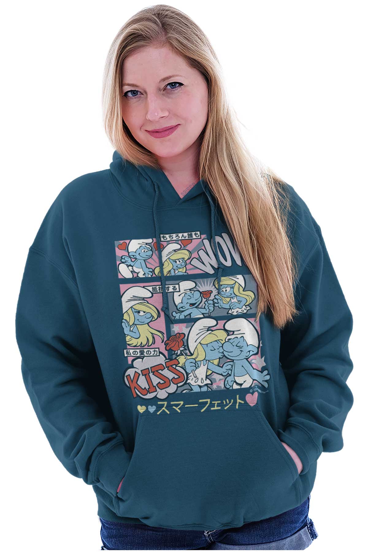 Smurf & Smurfette Romance Hoodie-Direct To Garment Print-Brisco Apparel