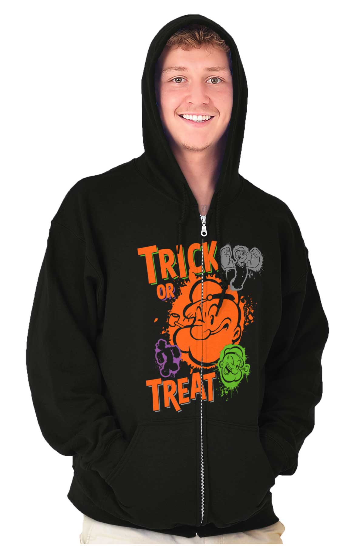 Popeye Trick Or Treat Zip Hoodie-Direct To Garment Print-Brisco Apparel