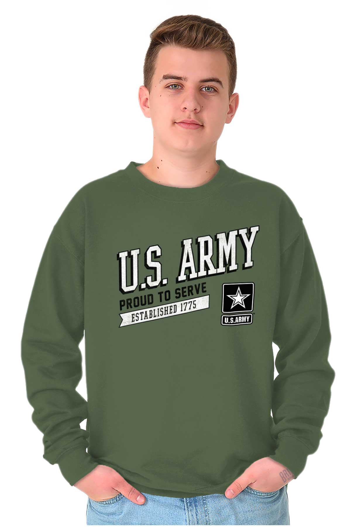 Proud to Serve Army Crewneck Sweatshirt-Direct To Garment Print-Brisco Apparel
