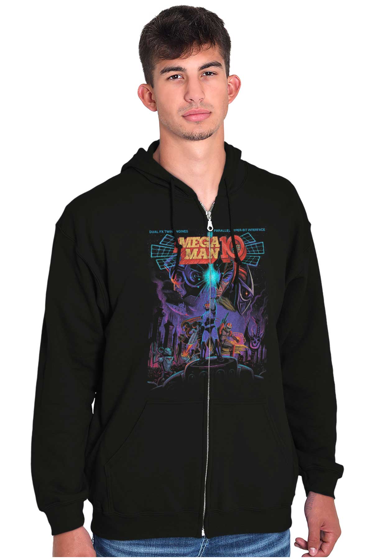 Mega Man Comic Book Zip Hoodie-Direct To Garment Print-Brisco Apparel