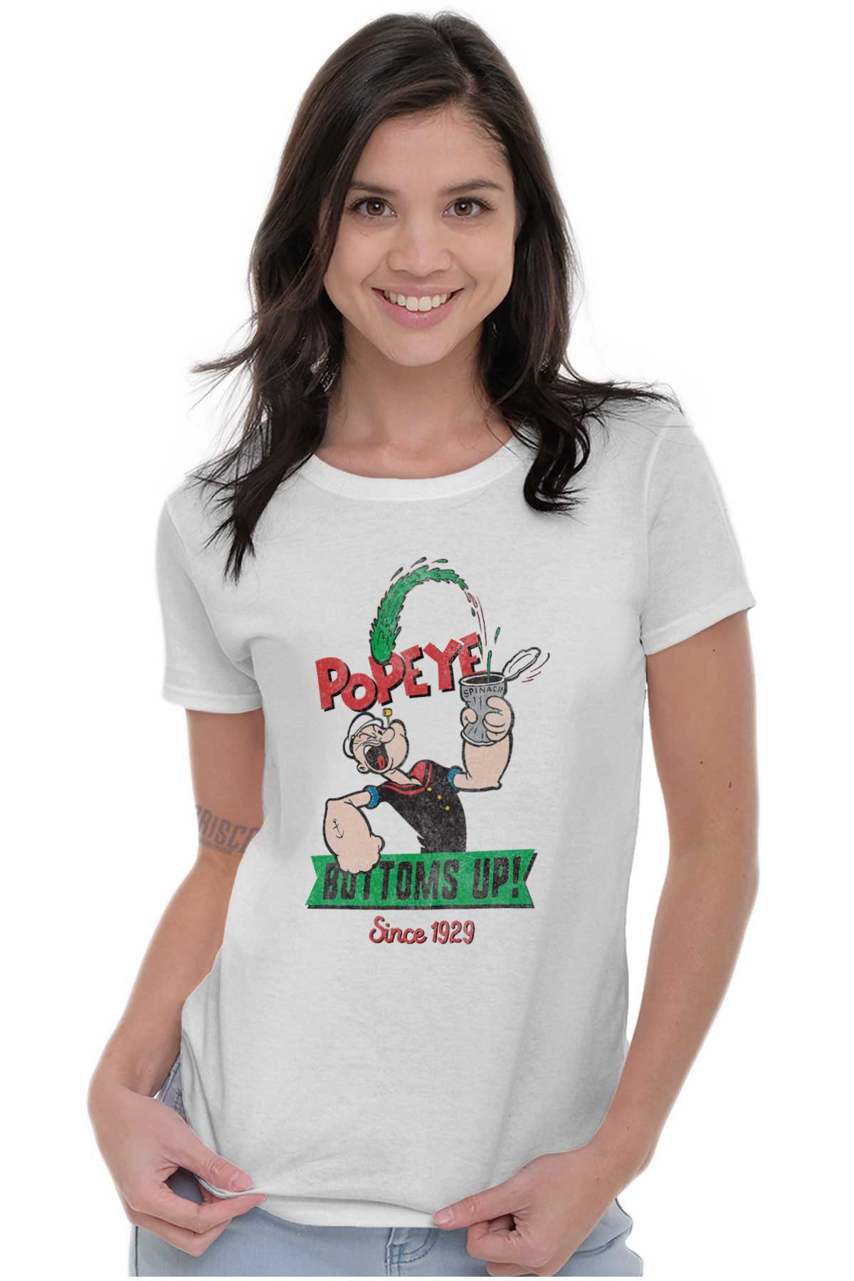 Popeye Bottoms Up Ladies T Shirt-Direct To Garment Print-Brisco Apparel