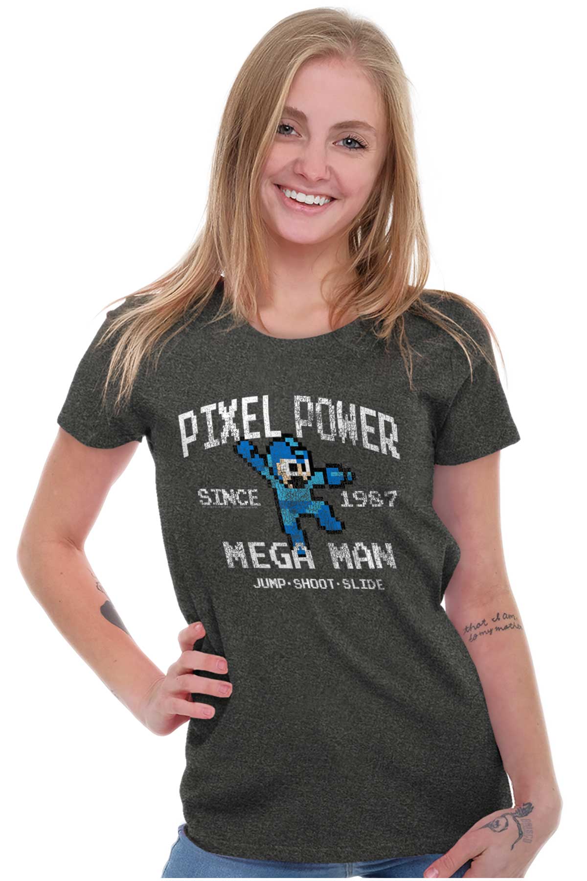 Mega Man Pixel Power Ladies T Shirt-Direct To Garment Print-Brisco Apparel