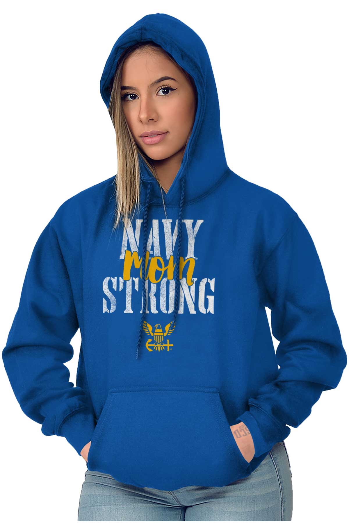 Navy Mom Strong Hoodie-Direct To Garment Print-Brisco Apparel