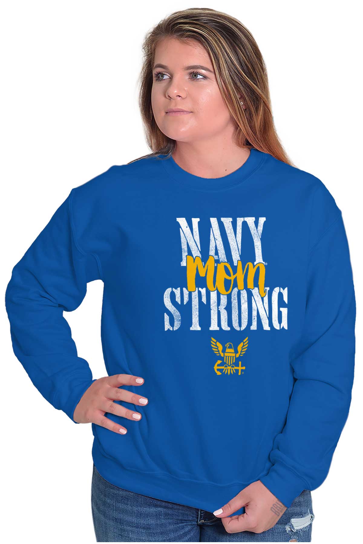 Navy Mom Strong Crewneck Sweatshirt-Direct To Garment Print-Brisco Apparel