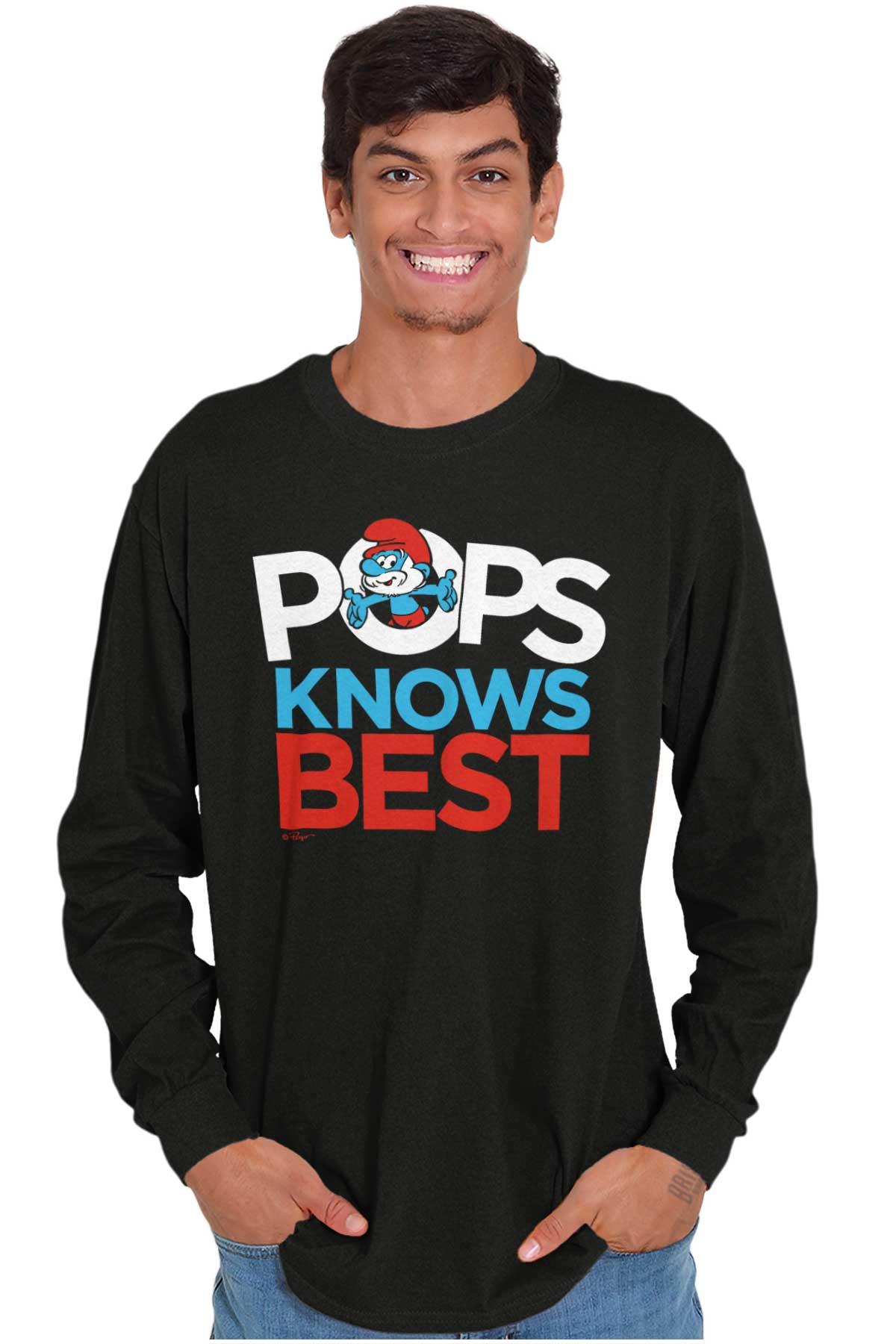Papa Smurf Knows Best Long Sleeve T Shirt-Direct To Garment Print-Brisco Apparel