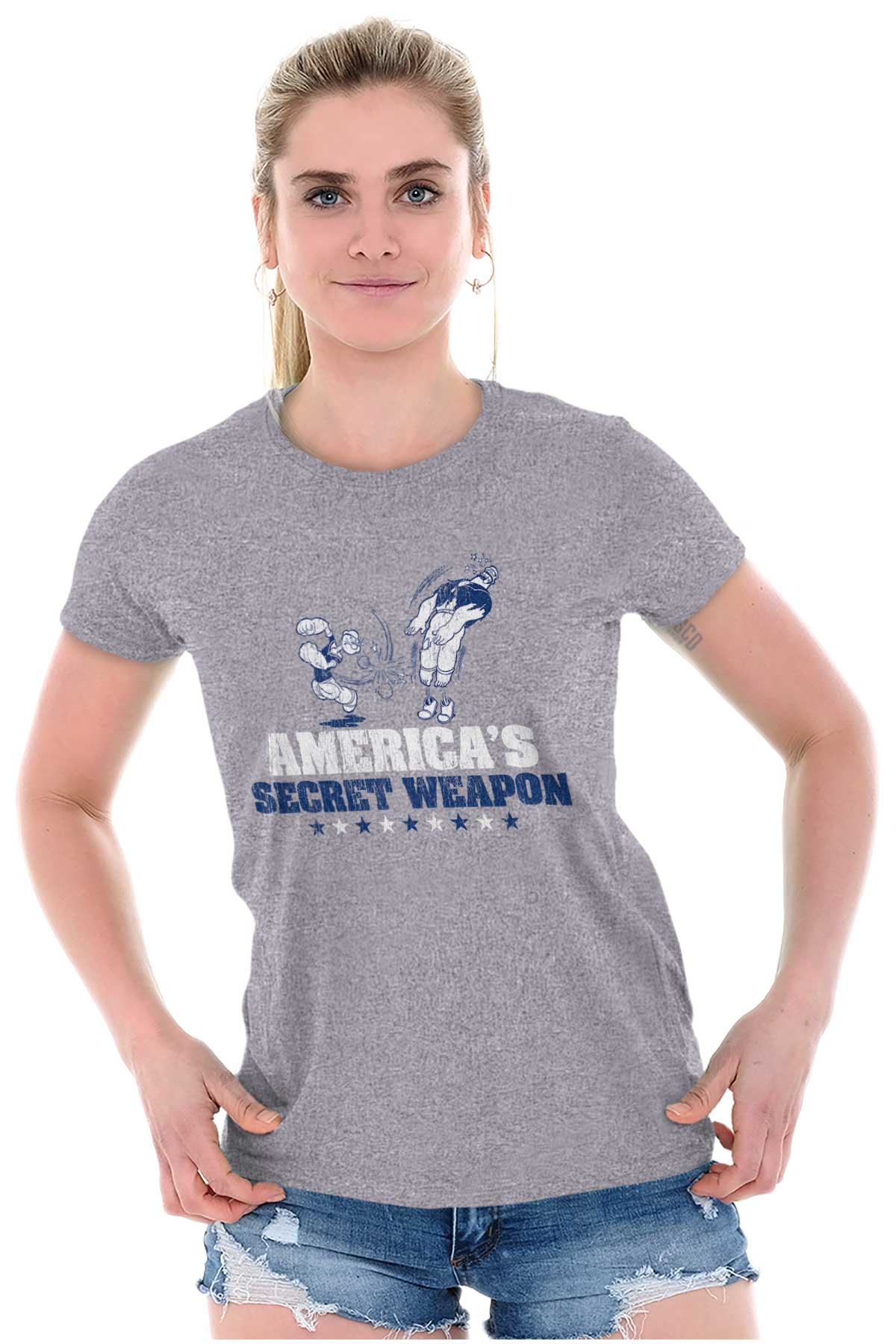 Popeye Secret Weapon Ladies T Shirt-Direct To Garment Print-Brisco Apparel
