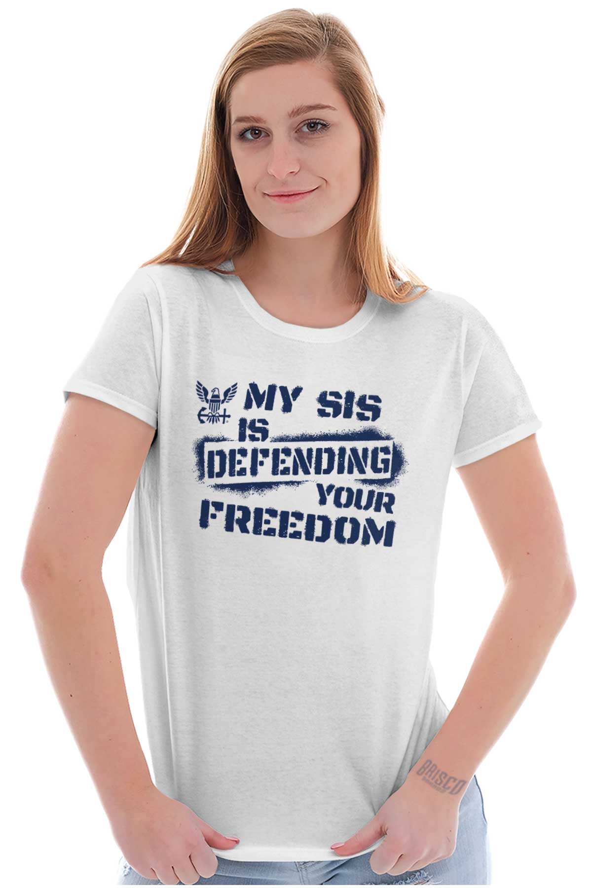 Sis Defending Freedom Ladies T Shirt-Direct To Garment Print-Brisco Apparel