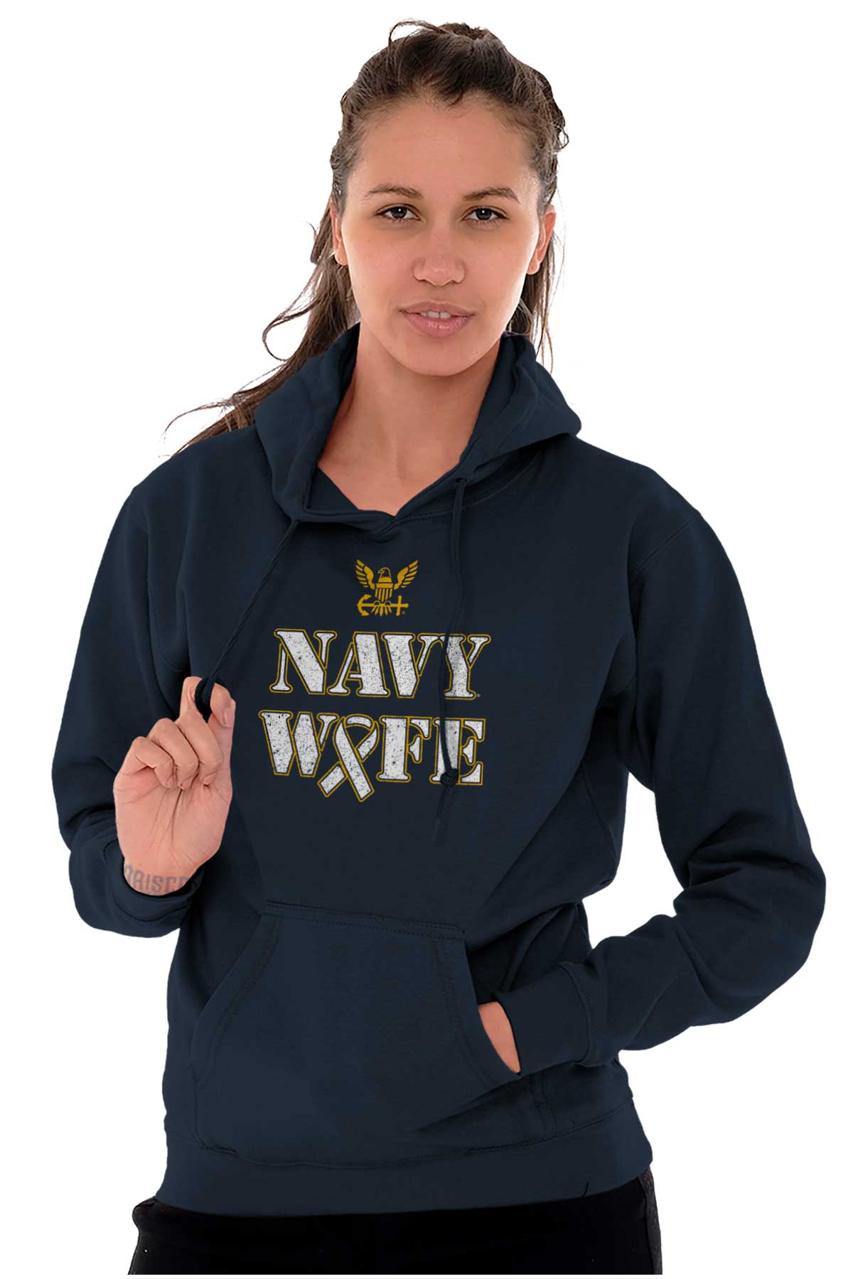 Supportive Navy Wife Hoodie-Direct To Garment Print-Brisco Apparel