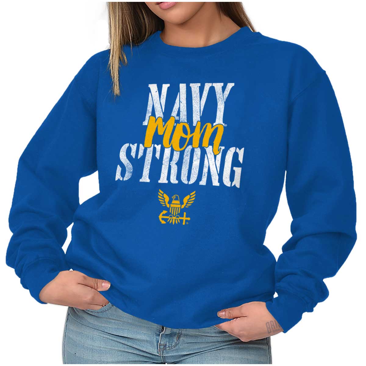 Navy Mom Strong Crewneck Sweatshirt-Direct To Garment Print-Brisco Apparel