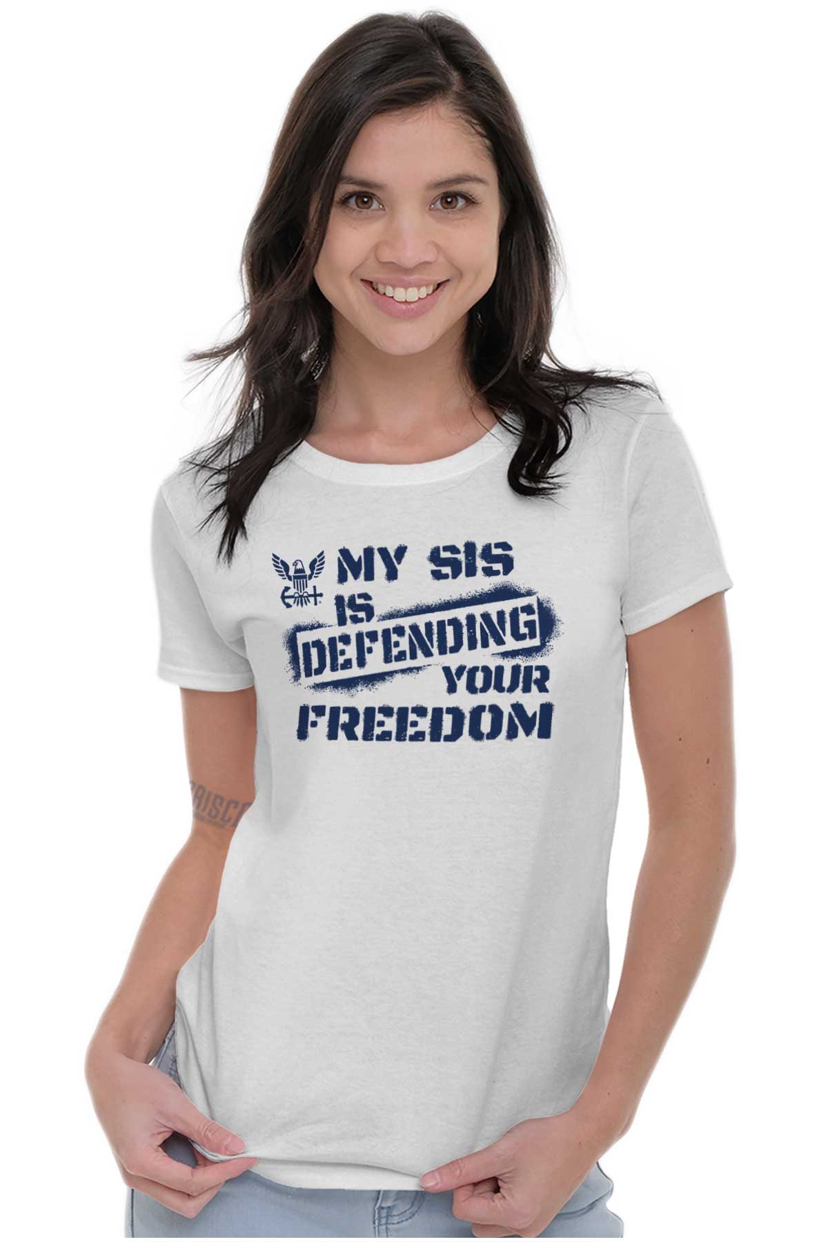 Sis Defending Freedom Ladies T Shirt-Direct To Garment Print-Brisco Apparel
