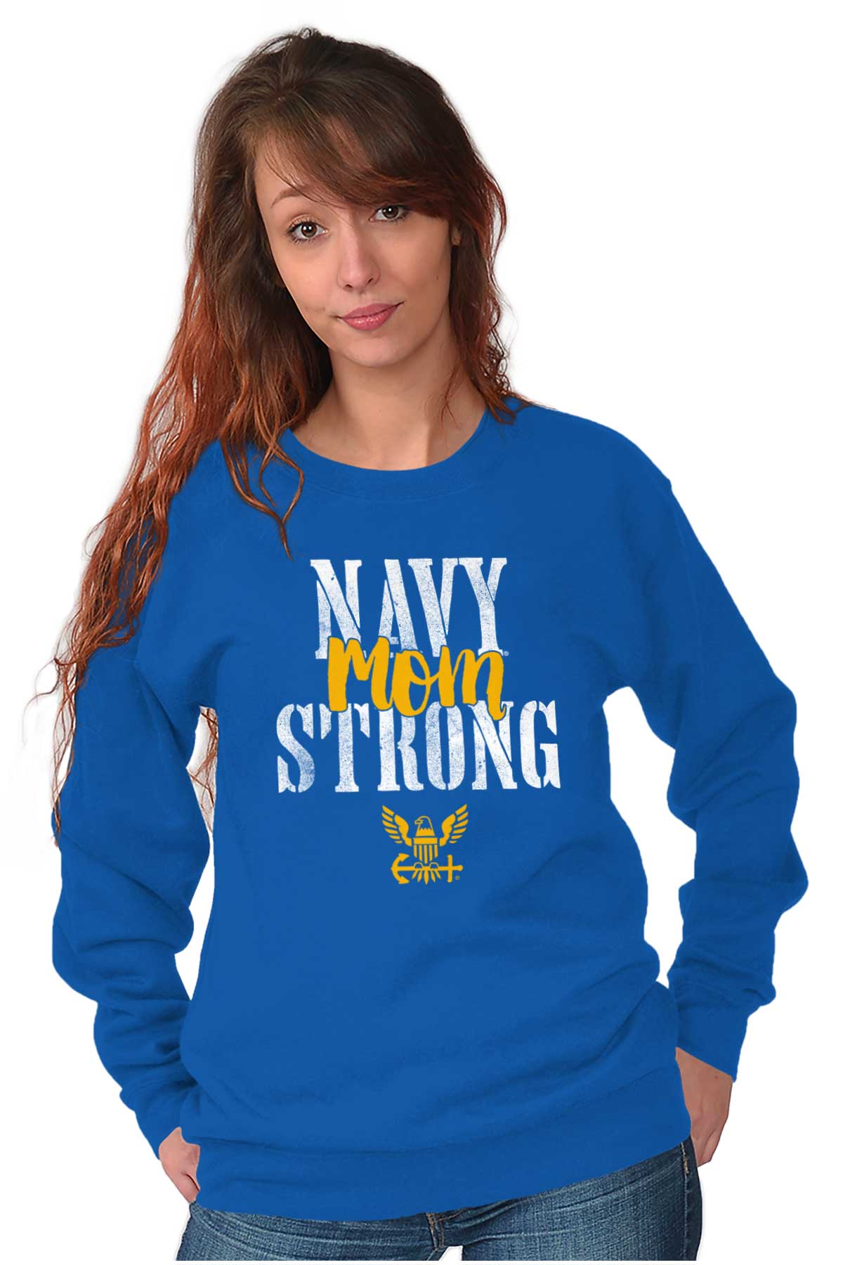 Navy Mom Strong Crewneck Sweatshirt-Direct To Garment Print-Brisco Apparel