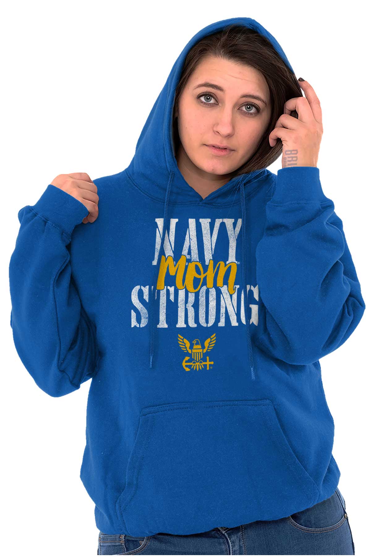 Navy Mom Strong Hoodie-Direct To Garment Print-Brisco Apparel