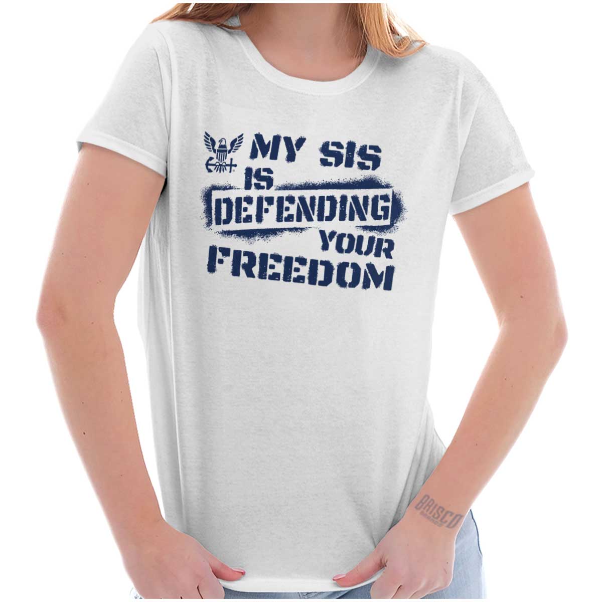 Sis Defending Freedom Ladies T Shirt-Direct To Garment Print-Brisco Apparel