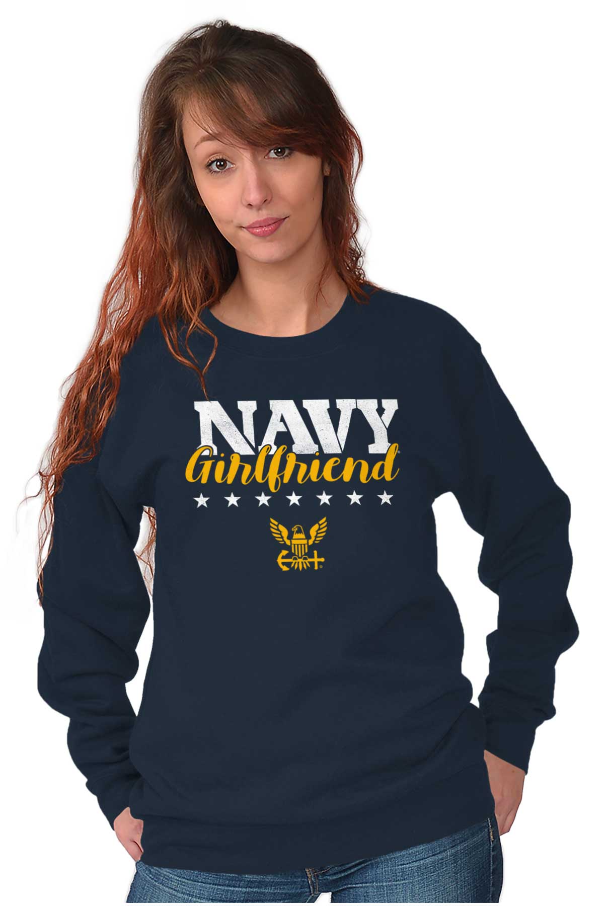 Navy Girlfriend Crewneck Sweatshirt-Direct To Garment Print-Brisco Apparel