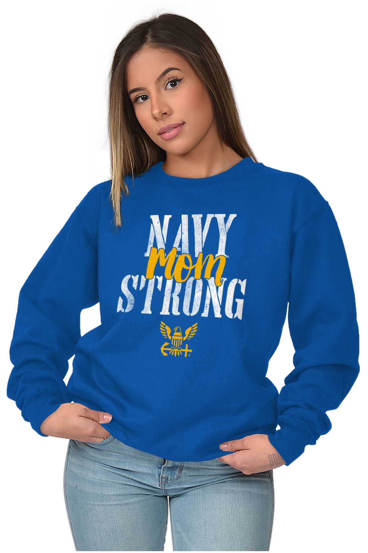 Navy Mom Strong Crewneck Sweatshirt-Direct To Garment Print-Brisco Apparel