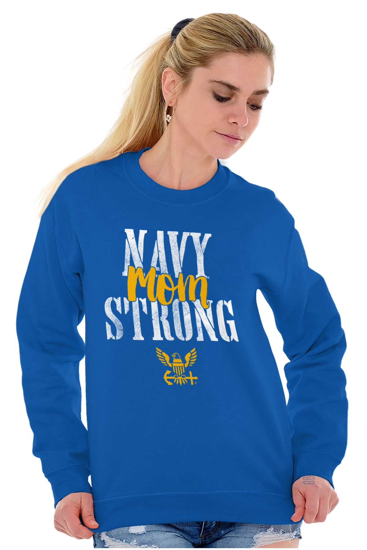 Navy Mom Strong Crewneck Sweatshirt-Direct To Garment Print-Brisco Apparel