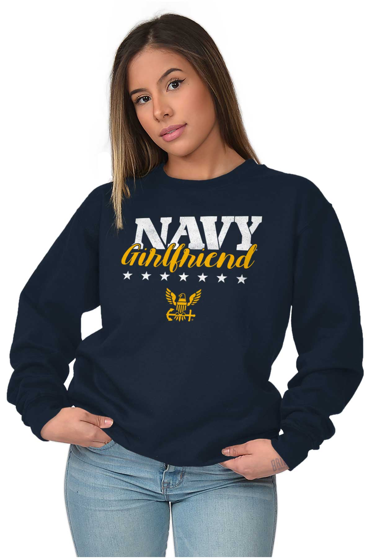 Navy Girlfriend Crewneck Sweatshirt-Direct To Garment Print-Brisco Apparel