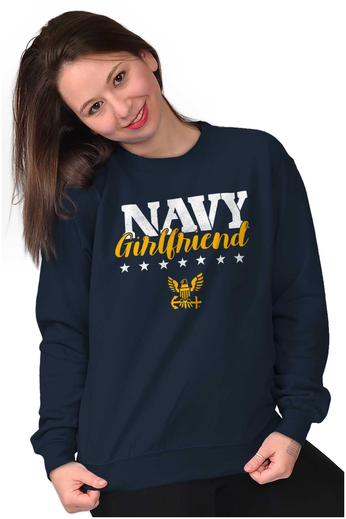 Navy Girlfriend Crewneck Sweatshirt-Direct To Garment Print-Brisco Apparel
